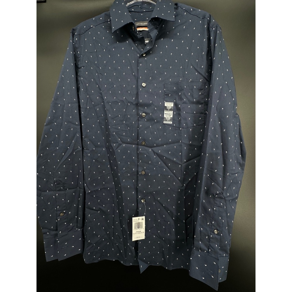 Van Heusen Mens Prussian Blue Stain Shield Regular Fit Stretch Dress Shirt M NWT
